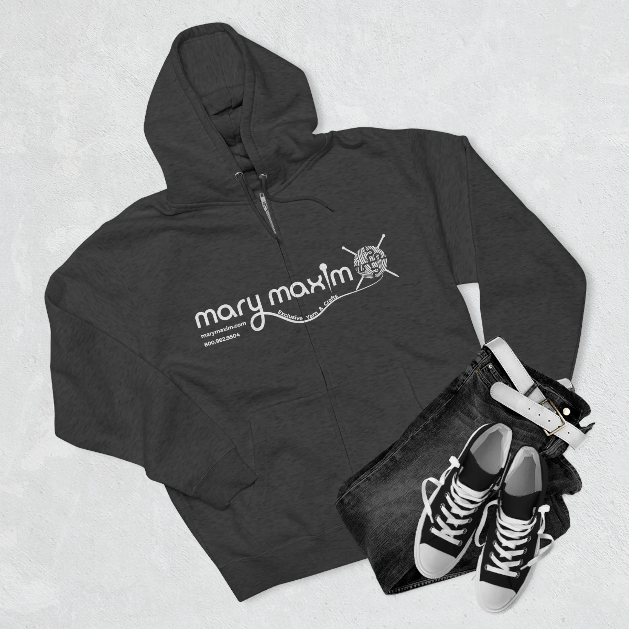 Mary Maxim Full Zip Hoodie - White & Black Logo - Unisex - Image 12